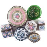 Five French porcelain boxes , two containing scent bottles, also to enamelled glass boxes, the