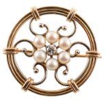 14ct gold pearl and diamond set brooch , central brilliant cut diamond with a surround of 6 cultured