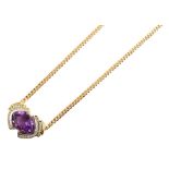 Amethyst and diamond fancy cluster 18ct yellow gold pendant, central marquise shaped amethyst