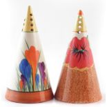 Two Clarice Cliff sugar shakers, painted with Crocus and Nasturtium patterns, (2) 13.5cm high For