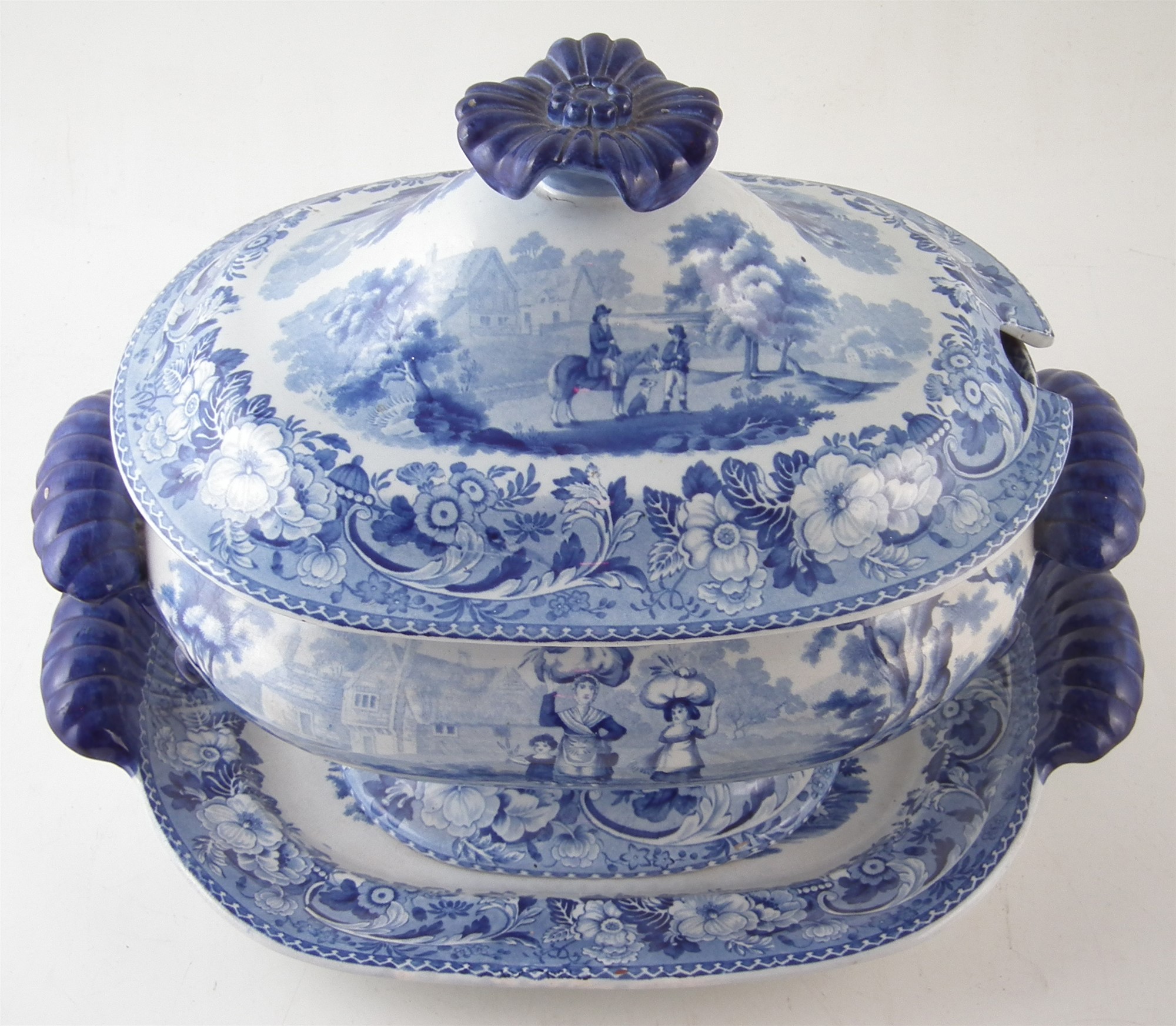 Bathwell and Goodfellow blue transfer tureen and cover with similar stand, printed with Rural - Image 2 of 11