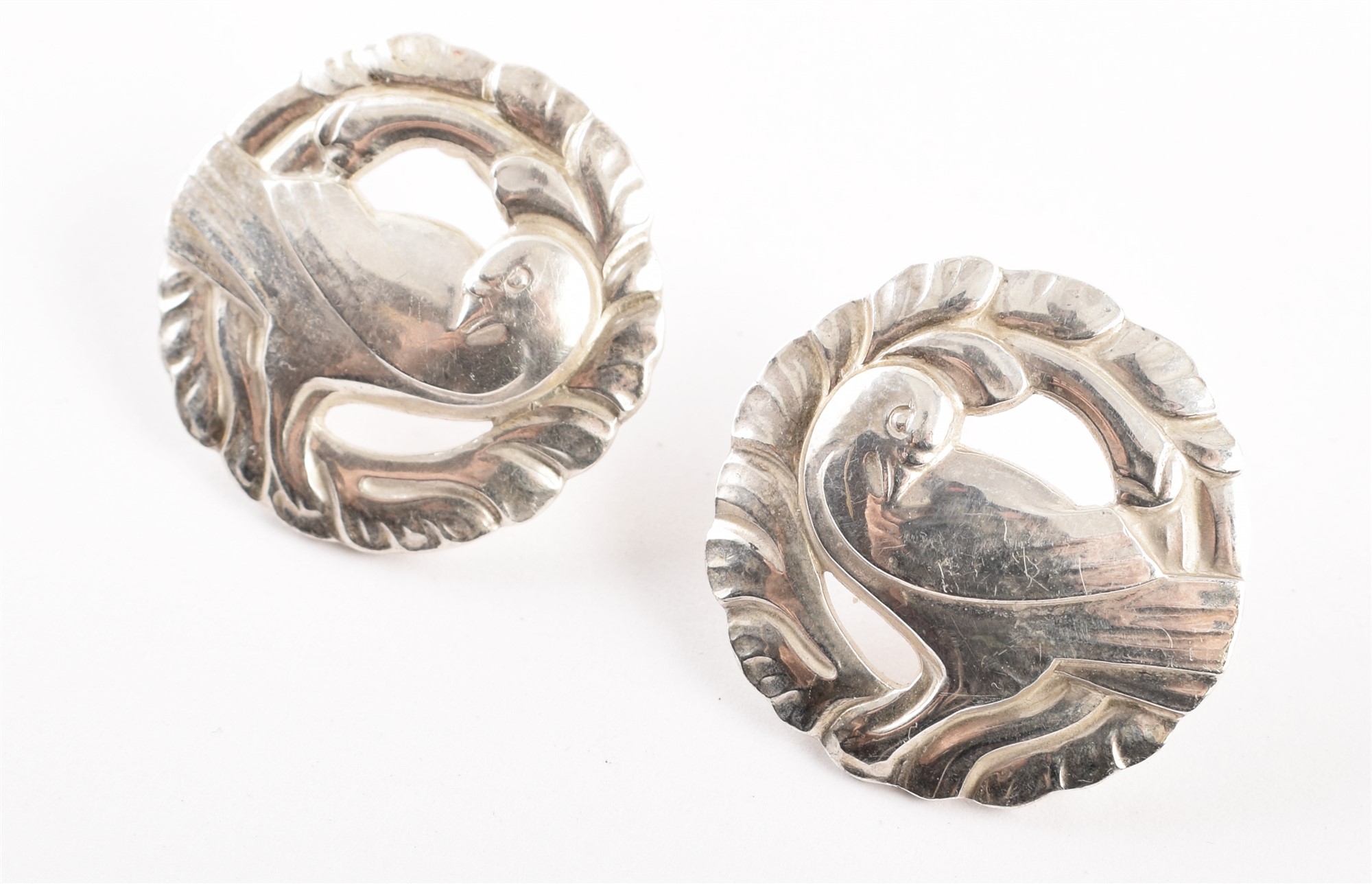 Georg Jensen sterling silver dove earrings , circular wreath design with central dove motif,