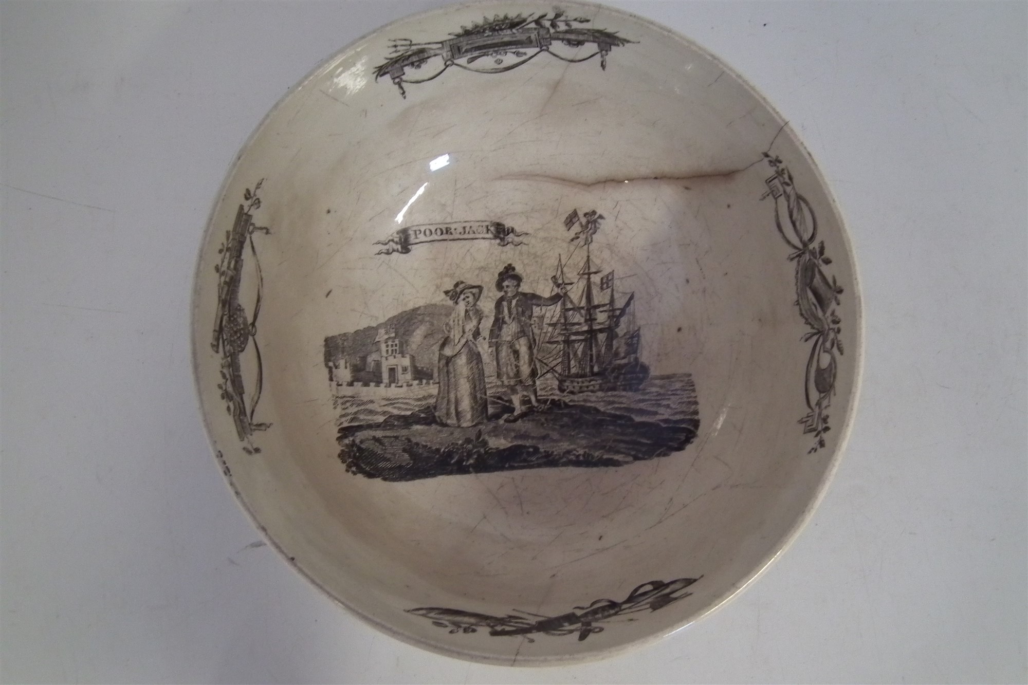 Creamware jug circa 1800, printed with ‘Jack Spritsail’s Frolic, the reverse with a tall ship, - Image 5 of 8