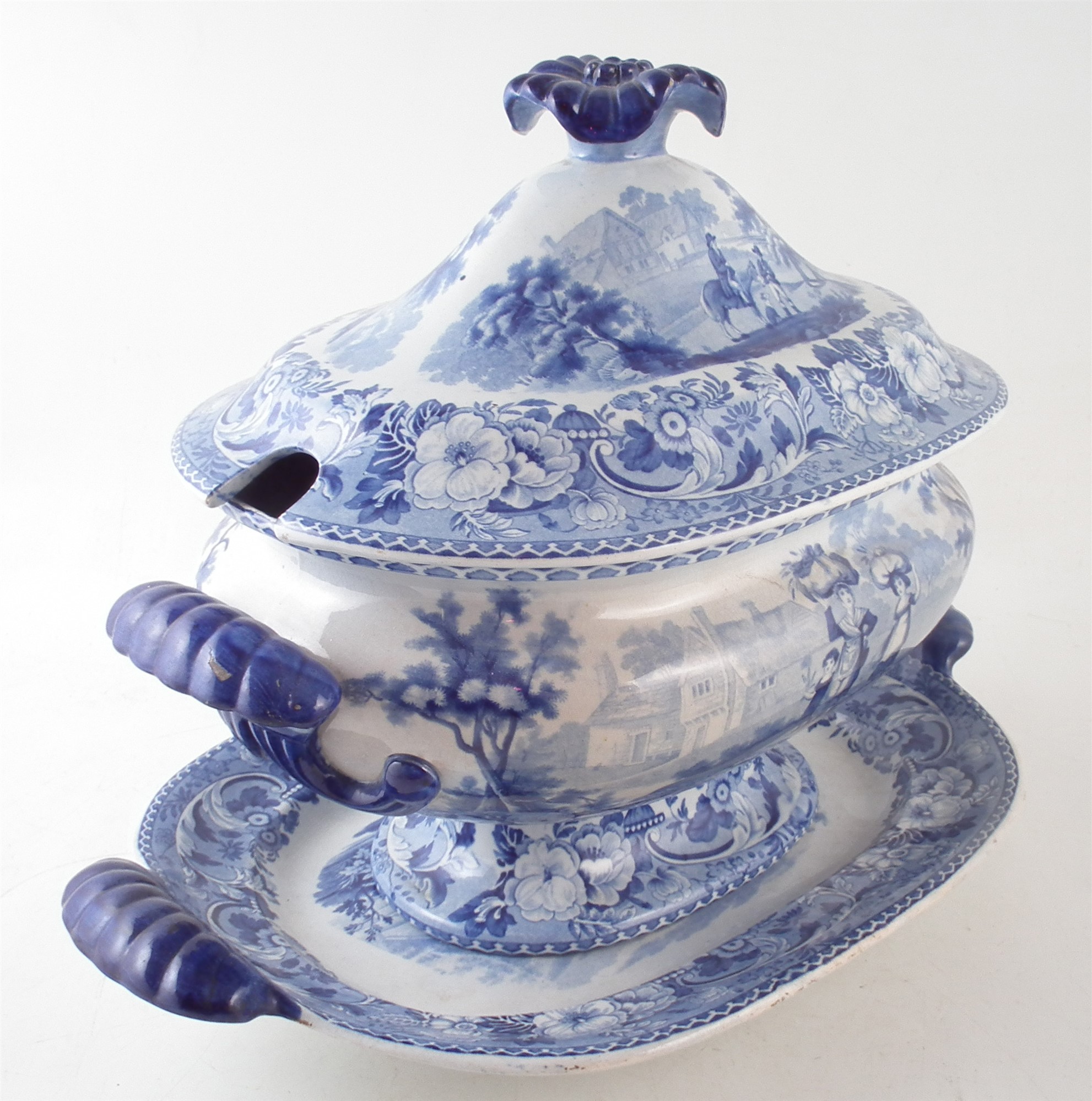 Bathwell and Goodfellow blue transfer tureen and cover with similar stand, printed with Rural - Image 3 of 11