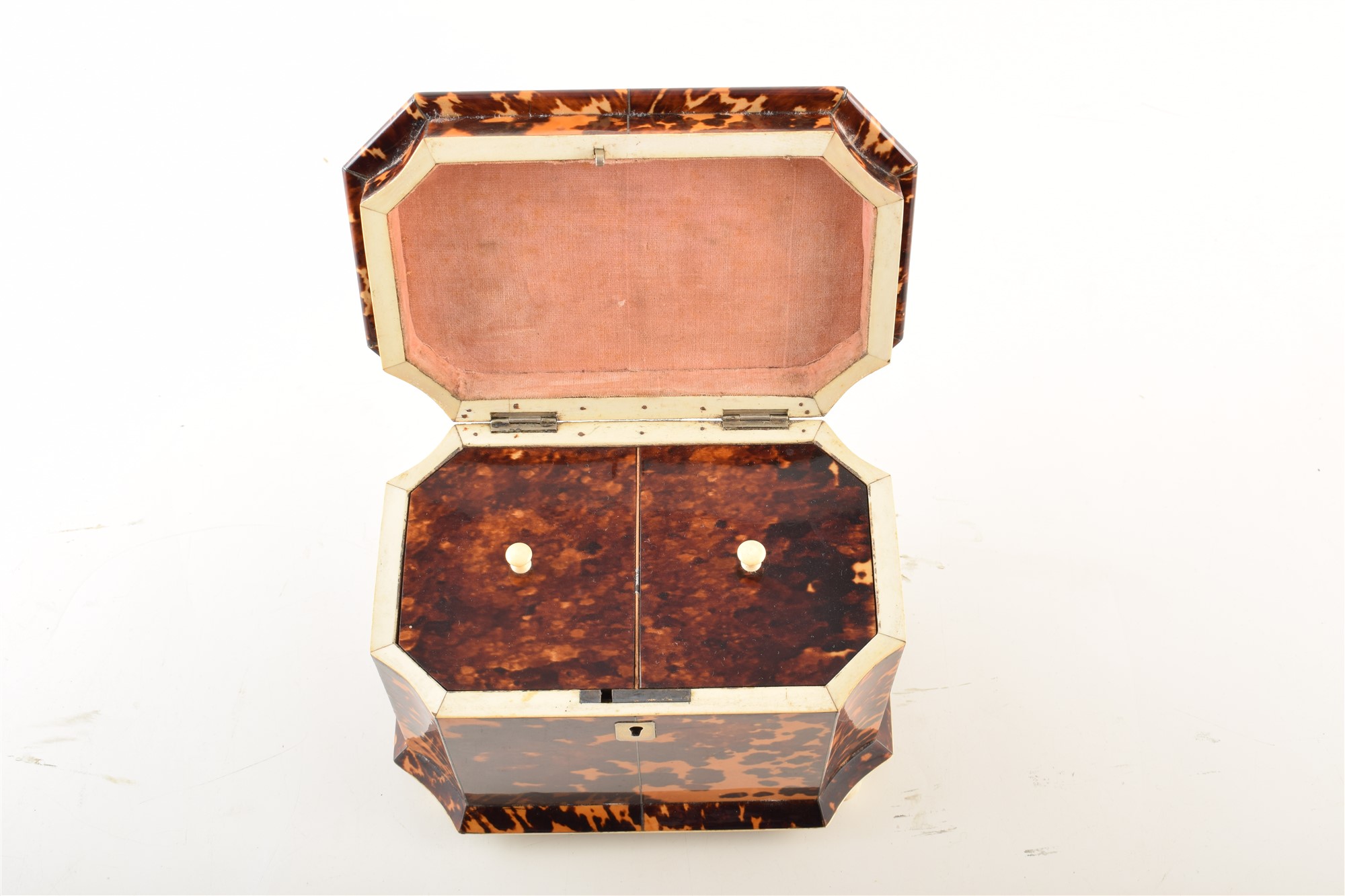 A 19th century tortoiseshell veneered tea caddy. With caddy top and concave edges, on ivory feet - Image 5 of 5