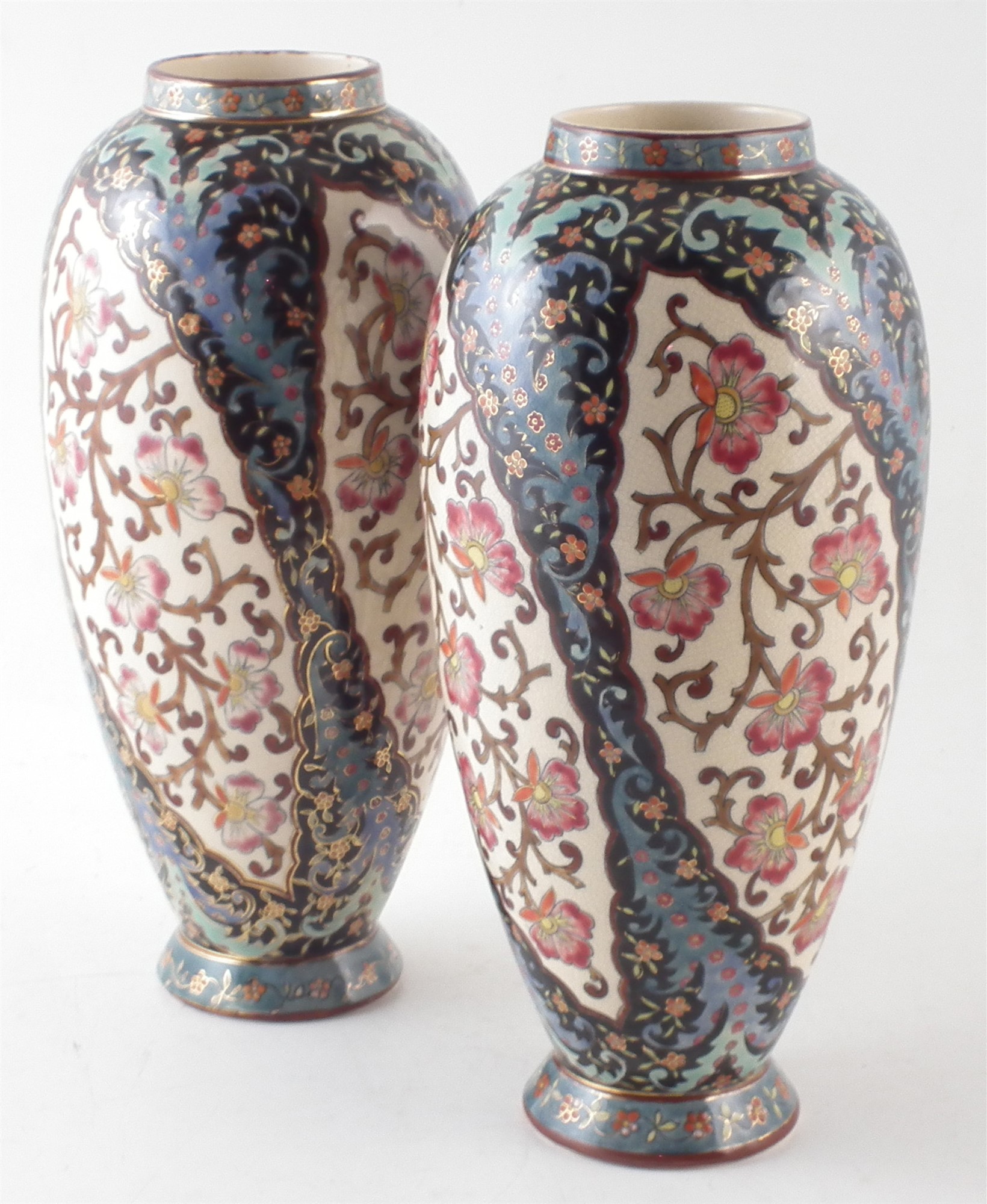 Pair of Fischer vases, decorated with densely scrolling floral patterns, impressed and printed marks - Image 3 of 6