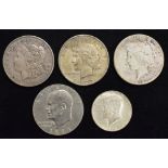 Five USA coins to include three silver dollar coins (5).