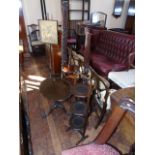 Collection of furniture: piecrust tripod table, Edwardian inlaid arm chair, two plant stands, pole