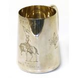 Silver tapered commemoration mug, engraved "Samuel Woodyear", hallmarked 184. Condition reports