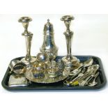 Quantity of silver ware, six assorted teaspoons, two small spoons, small silver tray, sugar