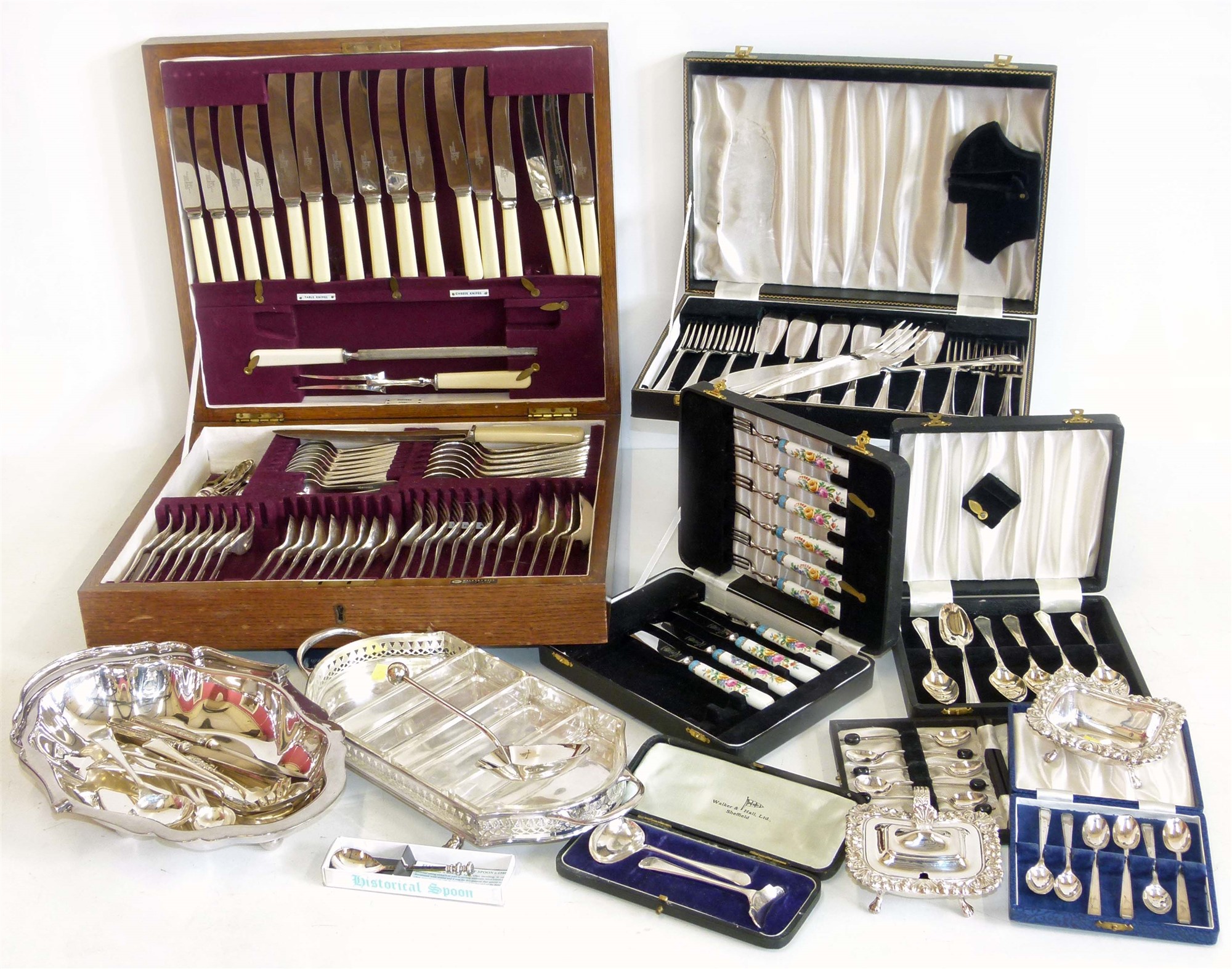 Walker & Hall cutlery canteen and contents, quantity of mixed loose and boxed cutlery, oval fruit