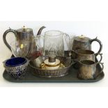 E.P.N.S. four piecce tea set, plated basket, plated sugar bowl with blue glass liner, Thompson (