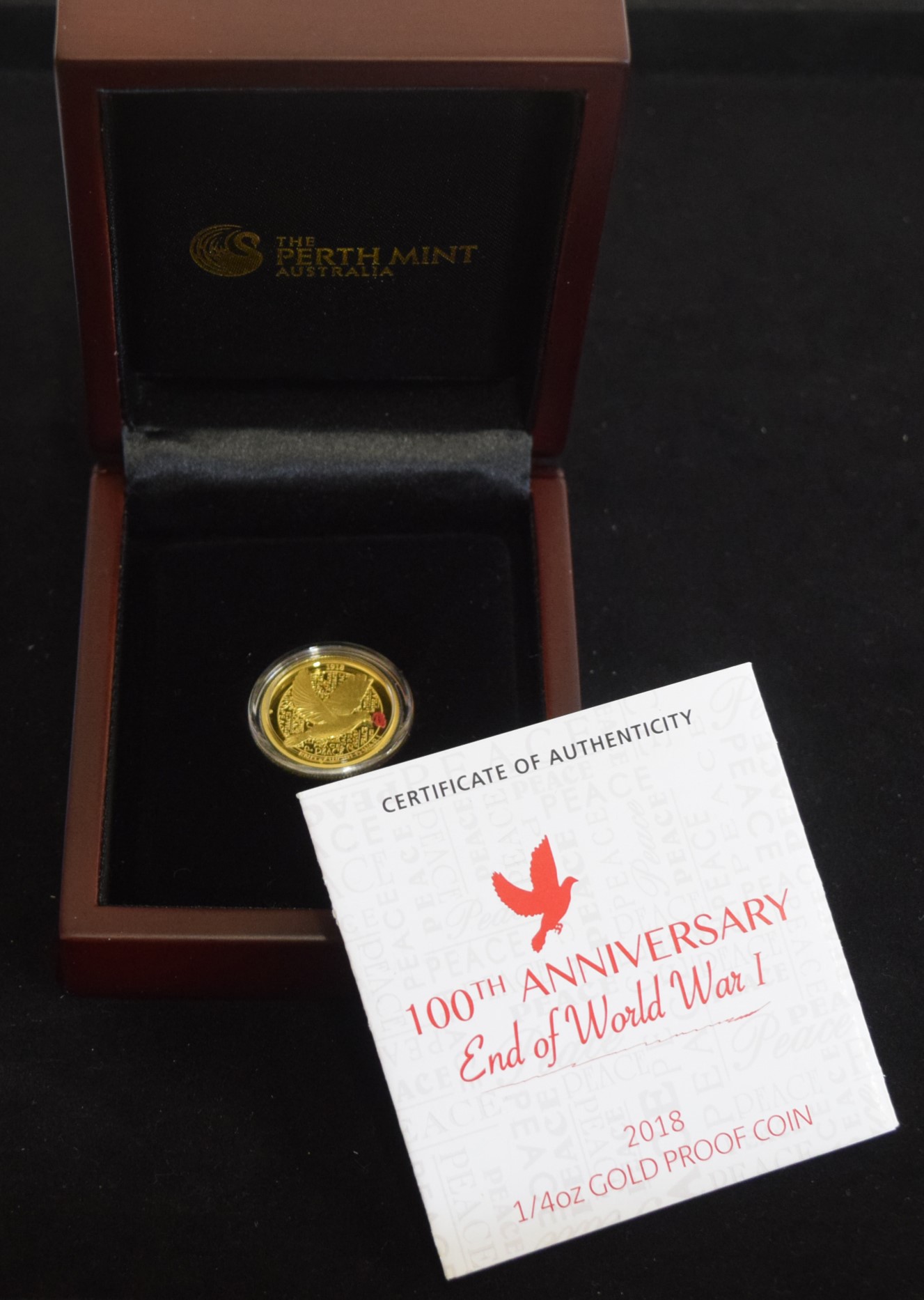Perth Mint, 100th Anniversary End of World War I, Twenty Five Dollars, 2018, 1/4 oz gold proof coin.