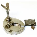 Rolls Royce ash tray with flying lady and "Strive For Perfection" lapel pin and 64 year medallion