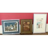 W.A Chase Marquetry picture 'Old Farm', Rowley Gallery frame, also Norman Wade Durham Lithograph,