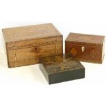 Victorian walnut jewellery box, two division tea caddy and small box with poker work decoration.