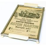 Art Deco tea tray with inset September 1955 Aston Martin outright win, Oulton Park, taken from the