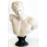 Reconstituted marble bus of Hermes on ebonised base, 54cm tall. Condition reports are not