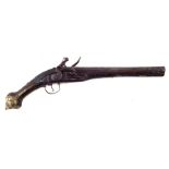 Turkish Flintlock pistol, with engraved action and flaring 18 bore barrel, carved stock, fitted with