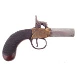 Percussion box lock pistol, with brass action octagonal turn off 50 bore barrel, chequered stock,