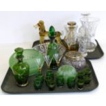Murano style glass dog and fish, 1887 glass coronation plate, Whitefriars style decanter, various