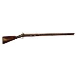 Single barrel percussion muzzle loading 10 bore shotgun, with scroll engraved lock, damascus barrel,