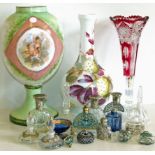 Fourteen scent bottles, tall posy vase and two hand painted glass vase.Condition reports are not