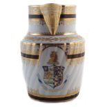 Chamberlains Worcester armorial jug, painted with a crowned lion above a shield, factory name to