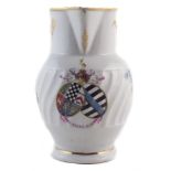 Coalport jug circa 1820 painted by William Billingsley, bearing a coat of arms that reads Qui