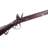 Flintlock double barrel 20 bore shotgun, un-named locks engraved with scrollwork, Damascus barrels