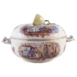 Carl Thieme at Potschappel, lidded bowl, with sliced lemon finial and twin scrolled handles, painted