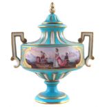 Sevres style lidded vase, with twin handles, painted with figures in a port land scene with a tall