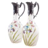 Pair of WMF Mont Joye Legras decanters circa 1900 enamelled with iris, marks to the metal handles,