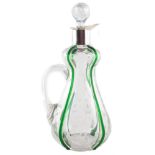 Stourbridge silver mounted decanter and stopper, engraved with thistles, bordered by green lines,