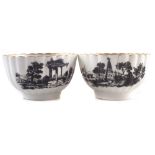 Pair of Worcester teabowls, printed in black with landscapes, 8.5cm diameter For condition reports