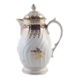 Chamberlains coffee pot and cover, with wrythen moulded body decorated with blue and gilt work,