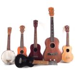 Five Ukuleles and a Sheltone Banjolele, to include three supranos one by Tanglewood, another