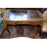 Louis XVI style three drawer writing desk with gilt moulds and marquetry style decoration to top