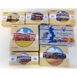 Seven Corgi Classics Buses, Karrier W Utility (97871), Guy Arab (97314) Burlingham Seagull (