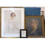 Framed watercolour portrait signed Keturah Collings, unsigned oil painting and pencil drawing of a