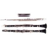 Armstrong clarinet, Buffet clarinet, Lafleur flute, Hohner 64 Chromonica , all with cases.