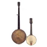 Fretless five string banjo 92cm long also a banjoline in case.