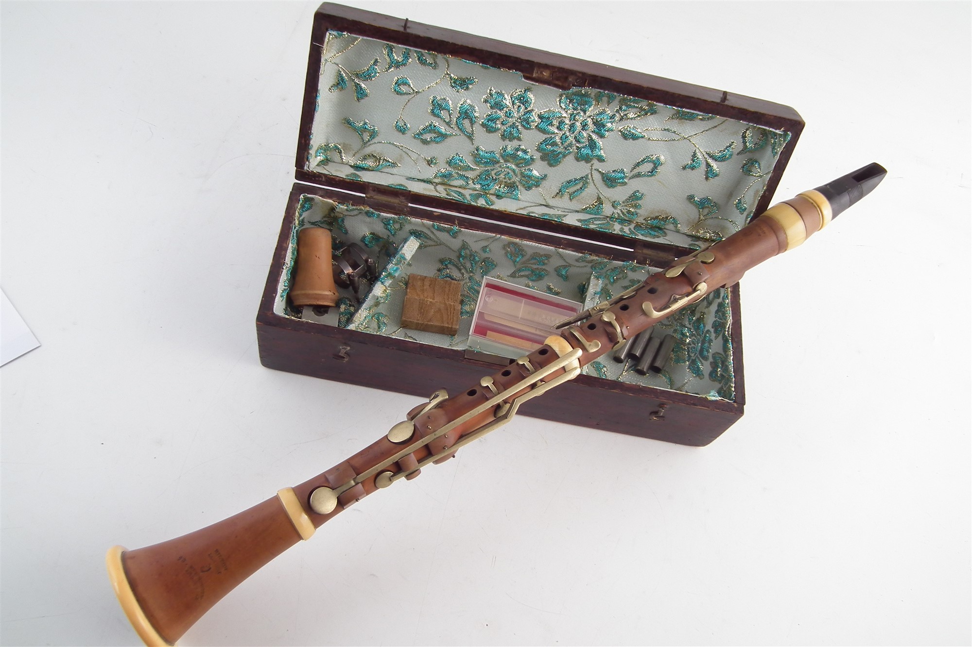 Boxwood and ivory clarinet by Bilton, stamped with 93 Westminster Bridge Road London address, with - Image 9 of 9