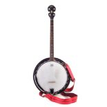 Aria four string Tenor banjo, with mahogany pearl inlaid resonator, with strap and soft case, 86cm