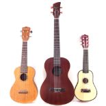 Three ukuleles , to include a Brunswick baritone, model BU4B, 78cm long, Play On six string uke, and