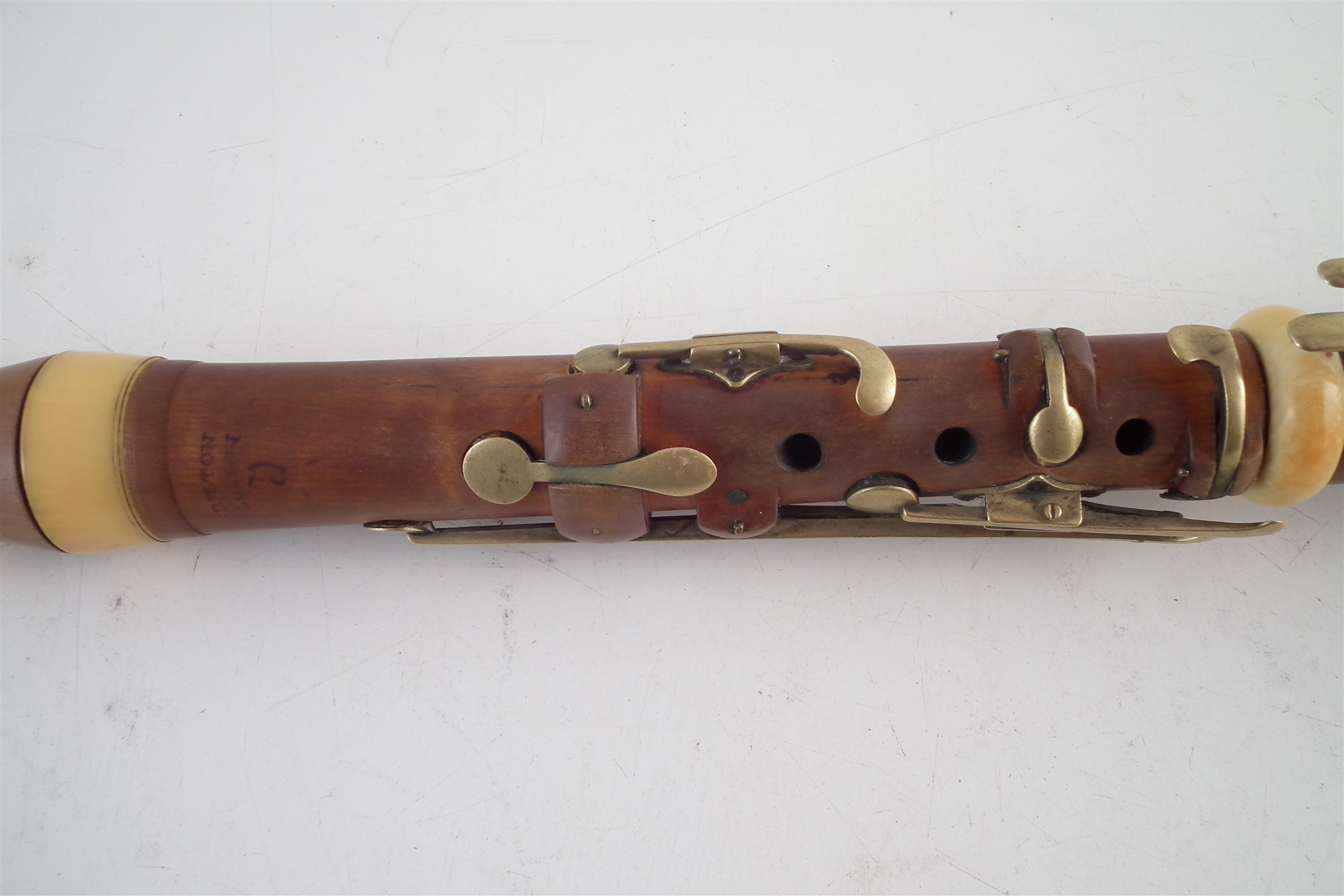 Boxwood and ivory clarinet by Bilton, stamped with 93 Westminster Bridge Road London address, with - Image 4 of 9
