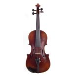 3/4 size violin, with two piece back measuring 33.5cm, with bow and case.