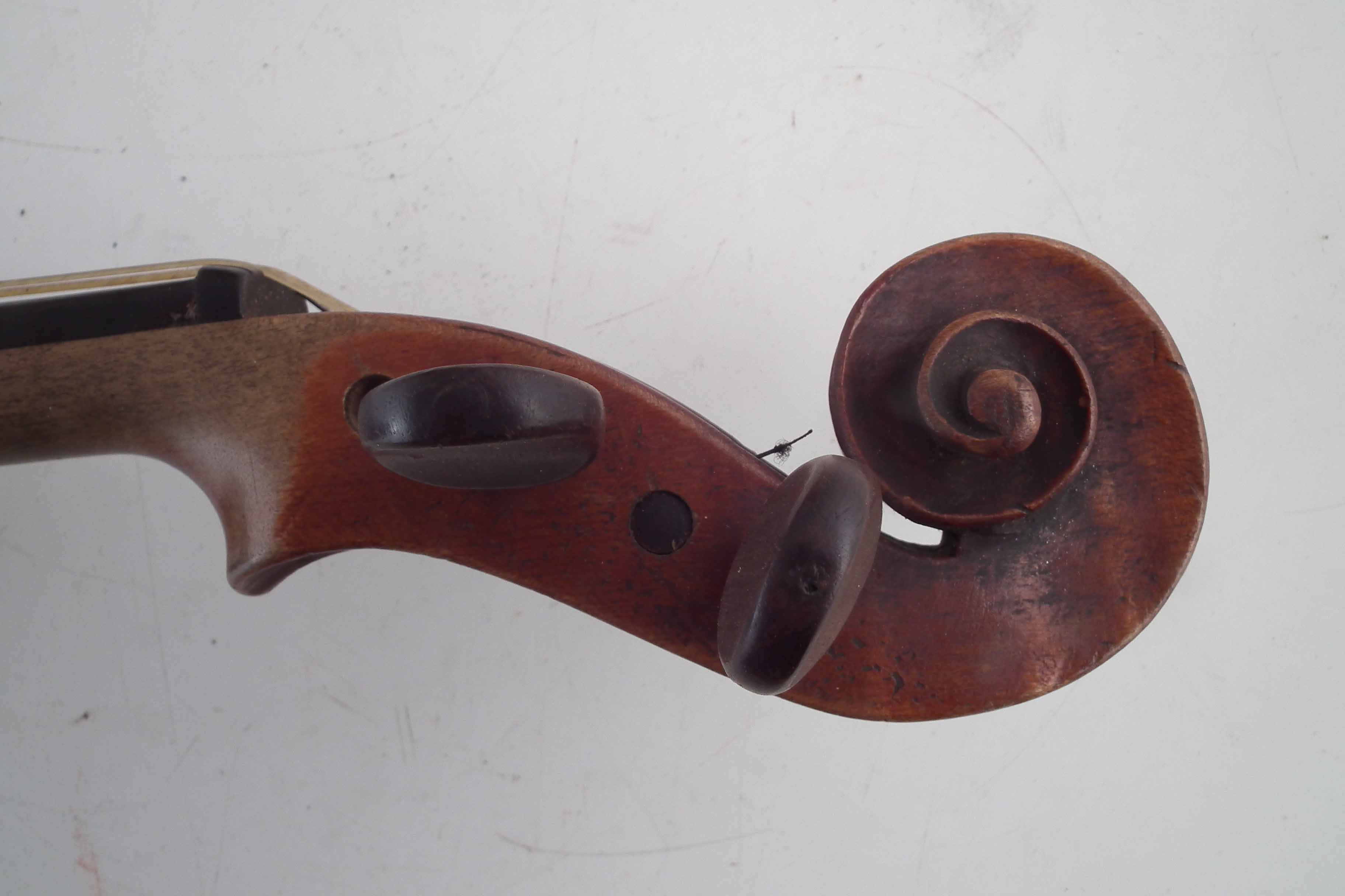 Three instruments to include a violin with two piece back measuring 36cm with case and bow, also a - Image 4 of 7