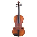 Good Chinese medium grade violin, with two piece back measuring 35.5cm, bow and case.