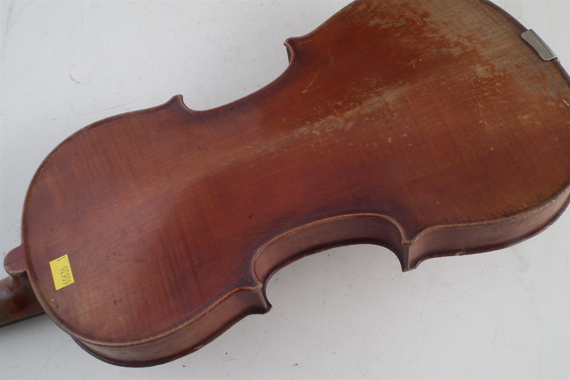 Three instruments to include a violin with two piece back measuring 36cm with case and bow, also a - Image 3 of 7